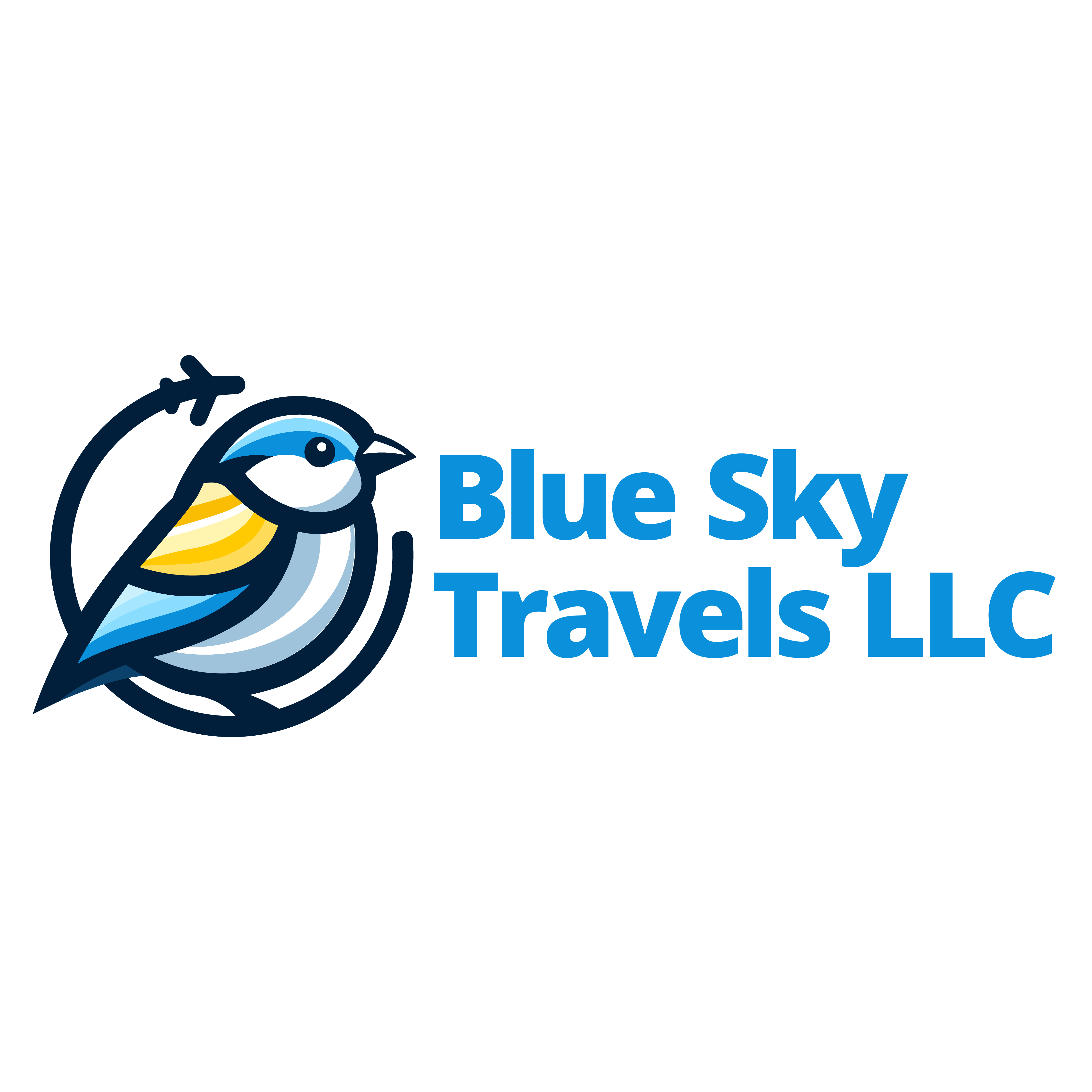 The logo for blue sky travels llc has a bird on it.