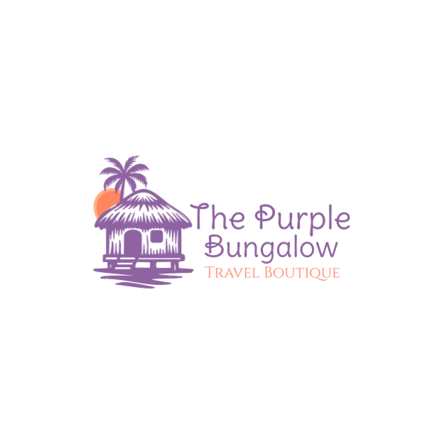 Logo: Purple bungalow illustration with palm tree, sun, and text "The Purple Bungalow Travel Boutique."