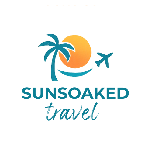 Logo for Sunsoaked Travel: palm tree, sun, airplane, and text "Sunsoaked Travel".