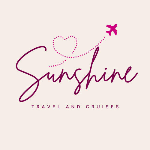 Sunshine Travel & Cruises logo: cursive "Sunshine" with dotted heart and airplane, purple on beige background.