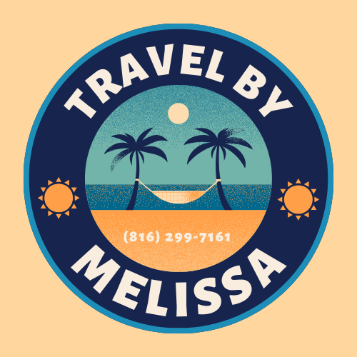 Round logo: "Travel by Melissa" with beach scene, palm trees, hammock, sun, and phone number.