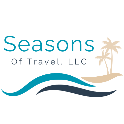 Seasons of travel logo: teal text with a floral wreath and two lines above and below 'of travel.'