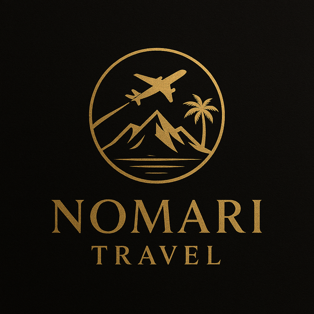 Golden logo: airplane over mountains, palm tree, and water within a circle, with "NOMARI TRAVEL" text on black background.