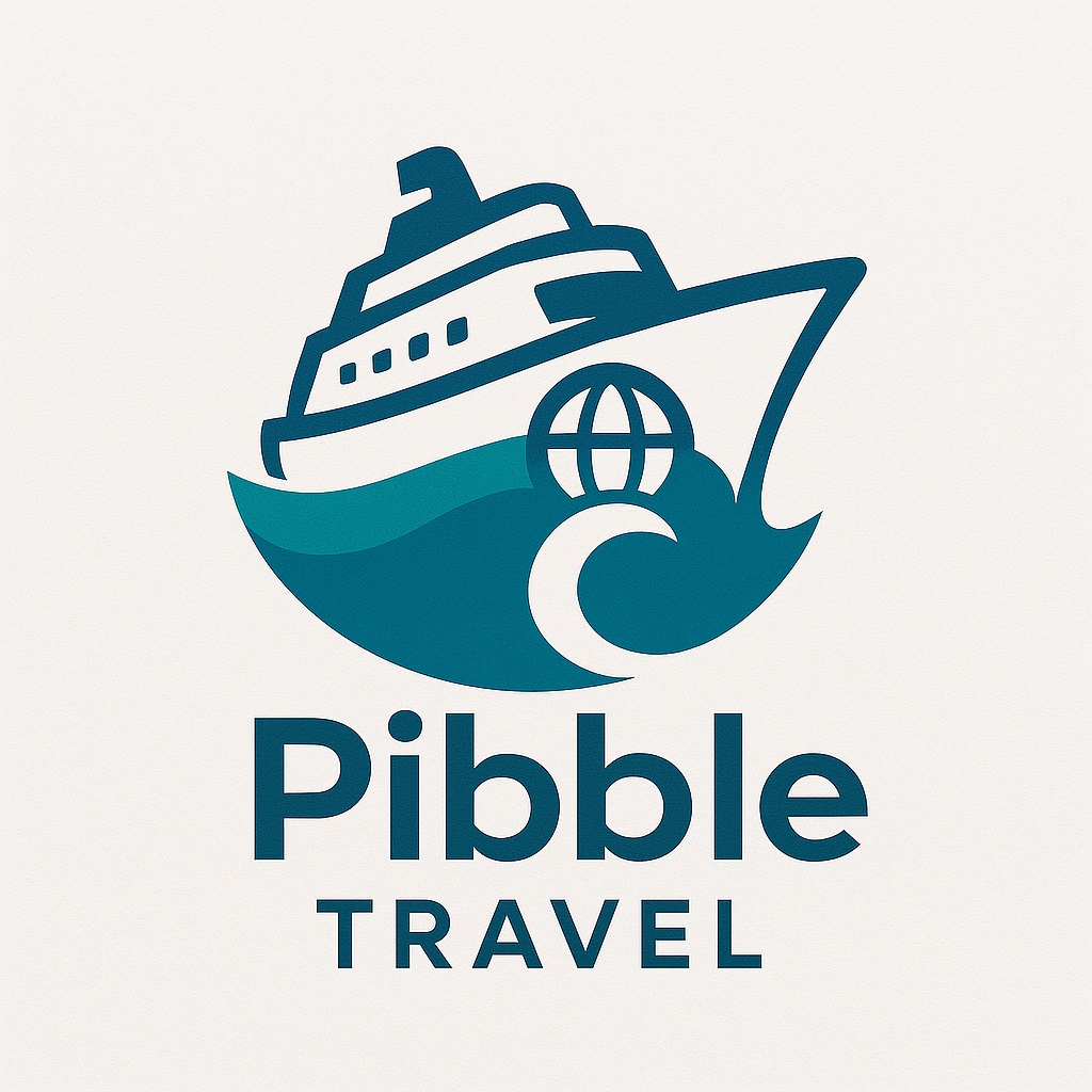 Logo of a cruise ship with a globe and crescent moon, over teal waves; “Pibble TRAVEL” below.