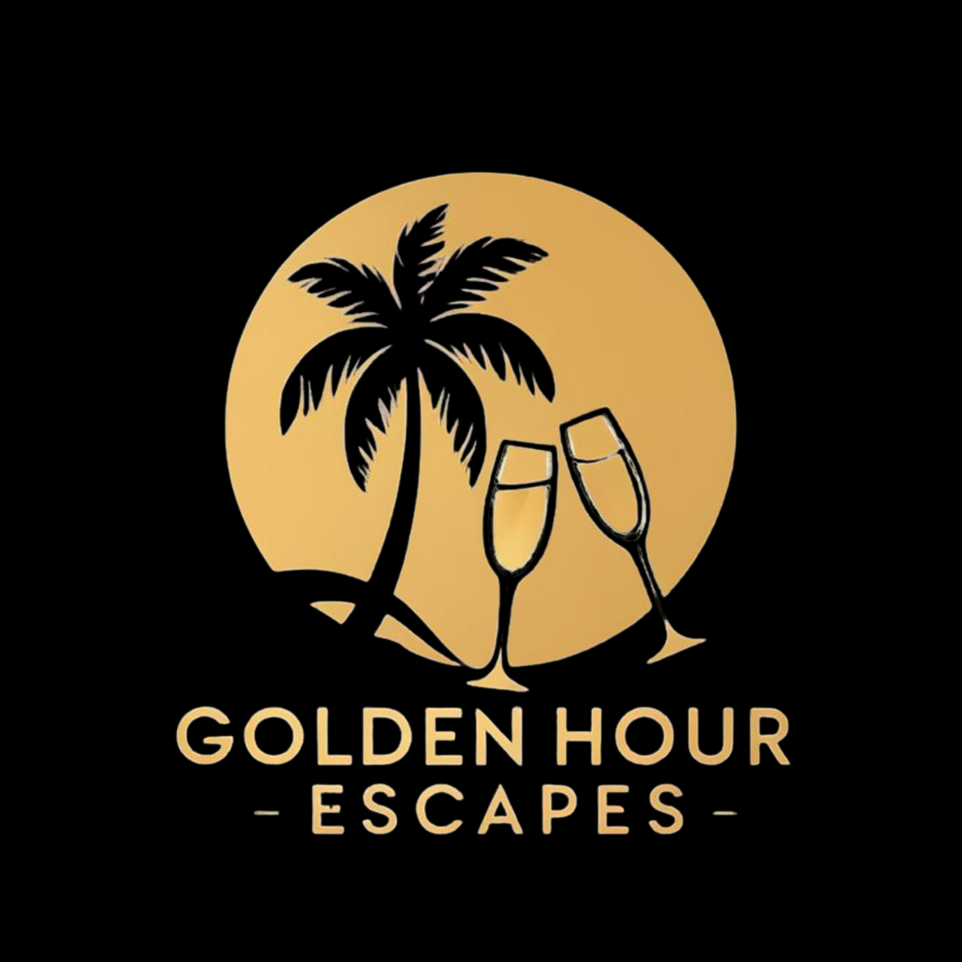 Gold logo: palm tree, champagne flutes, gold sun, black background, "Golden Hour Escapes" text.