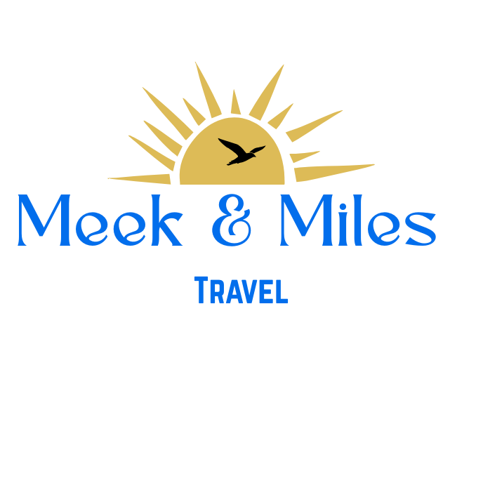 Logo for Meek & Miles Travel: Blue text, gold sunburst, and a flying bird.