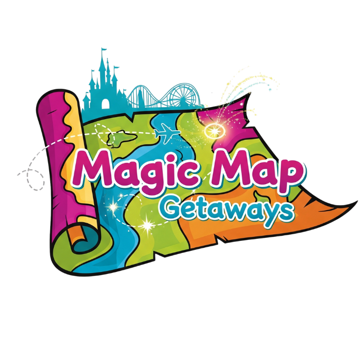 Logo for "Magic Map Getaways" featuring a colorful map with a castle and roller coaster, stylized text.