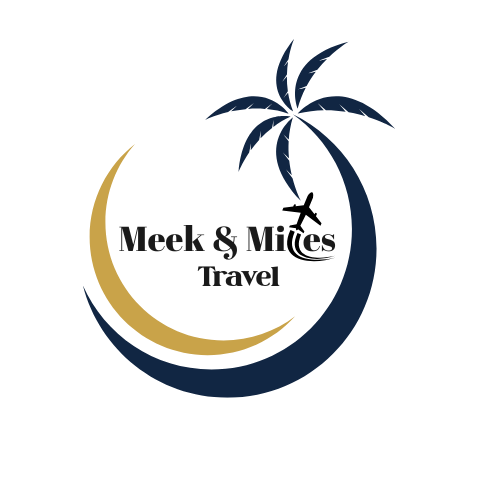 Logo for Meek & Miles Travel: Blue text, gold sunburst, and a flying bird.