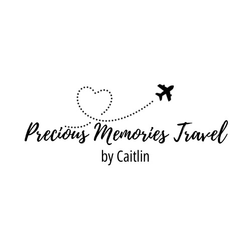 Logo for "Precious Memories Travel by Caitlin," with an airplane trailing a dotted heart.