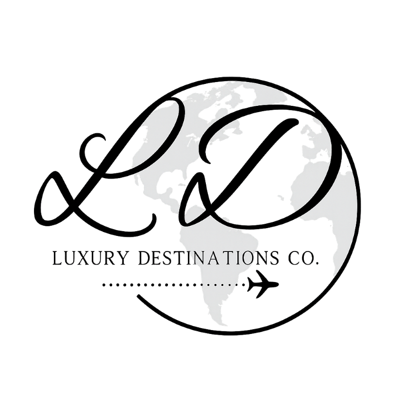 Logo for Luxury Destinations Co., featuring "LD" script over a world map, with an airplane and dotted line.
