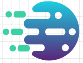 Blue and green stylized comet logo on a grid background.