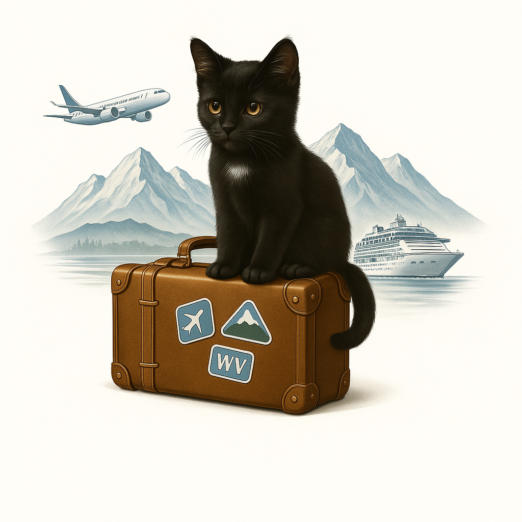Black cat sits on a suitcase with travel stickers; plane, mountains, and cruise ship in the background.