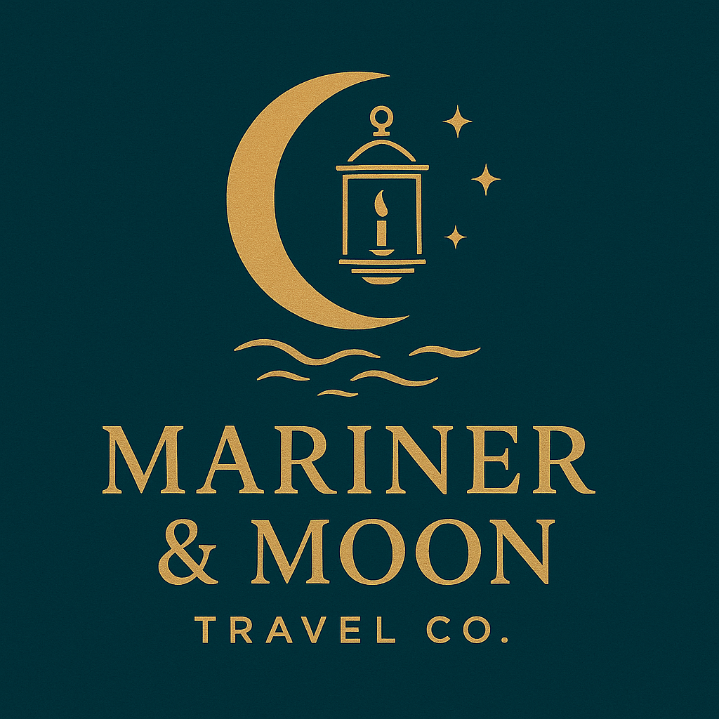 Gold crescent moon, lantern, and stars above stylized waves. Text reads "MARINER & MOON TRAVEL CO." on dark teal background.