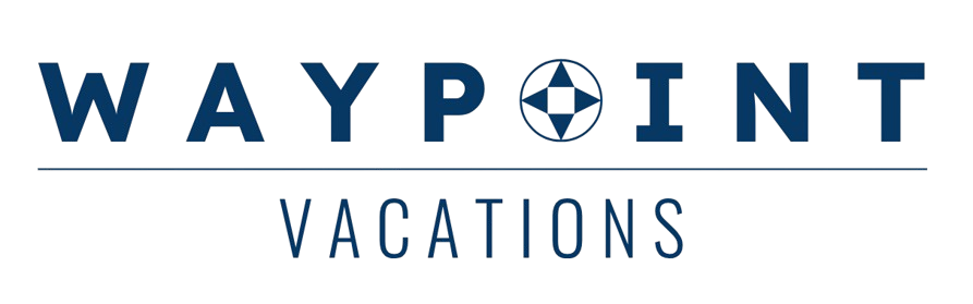Waypoint Vacations logo with blue text on a white background; a compass design replaces the “O”.