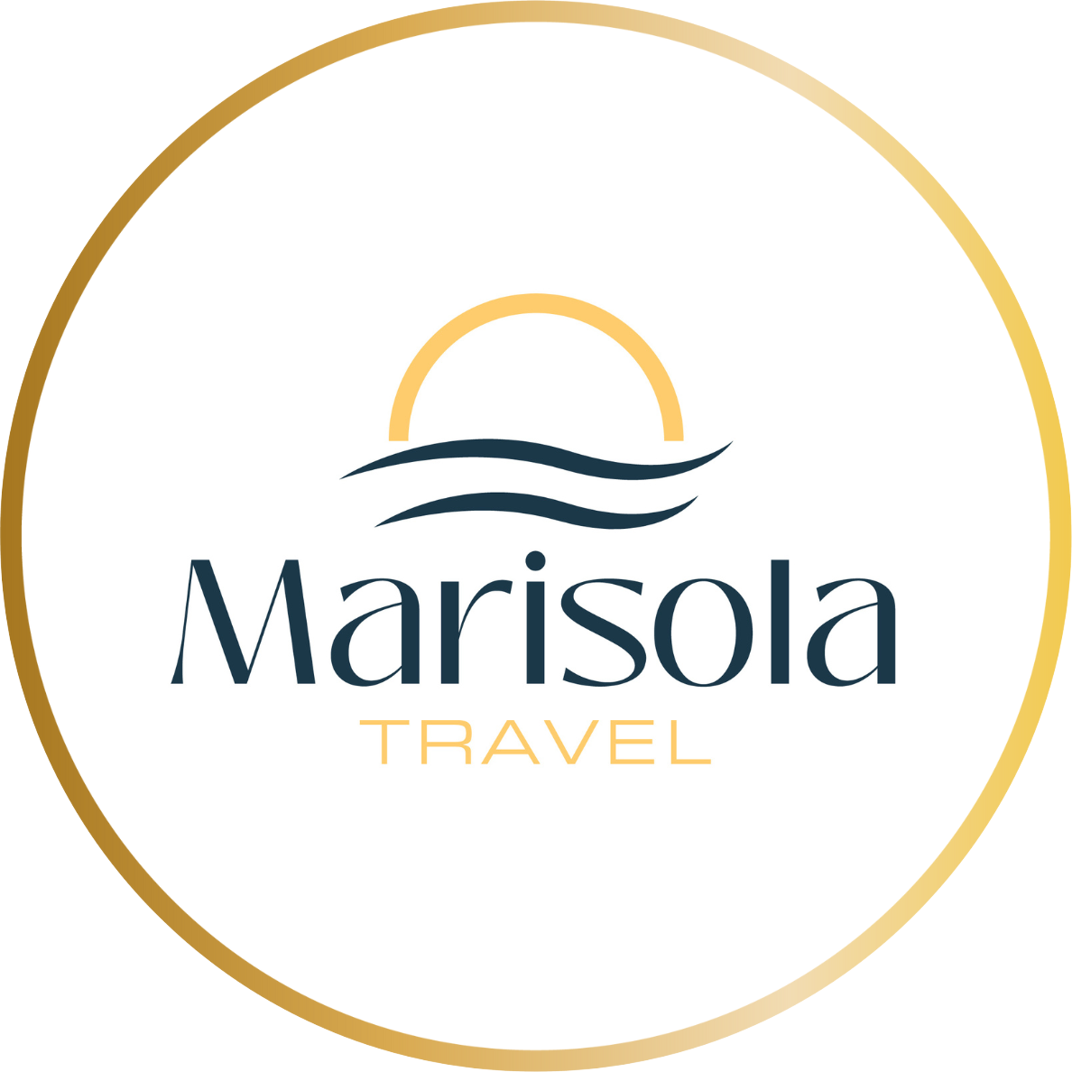 Marisola Travel logo: gold circle, teal waves, a gold sun, and the company name in teal.