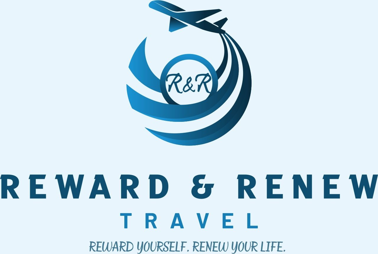 Logo for Reward & Renew Travel: Blue airplane and swirls above text.