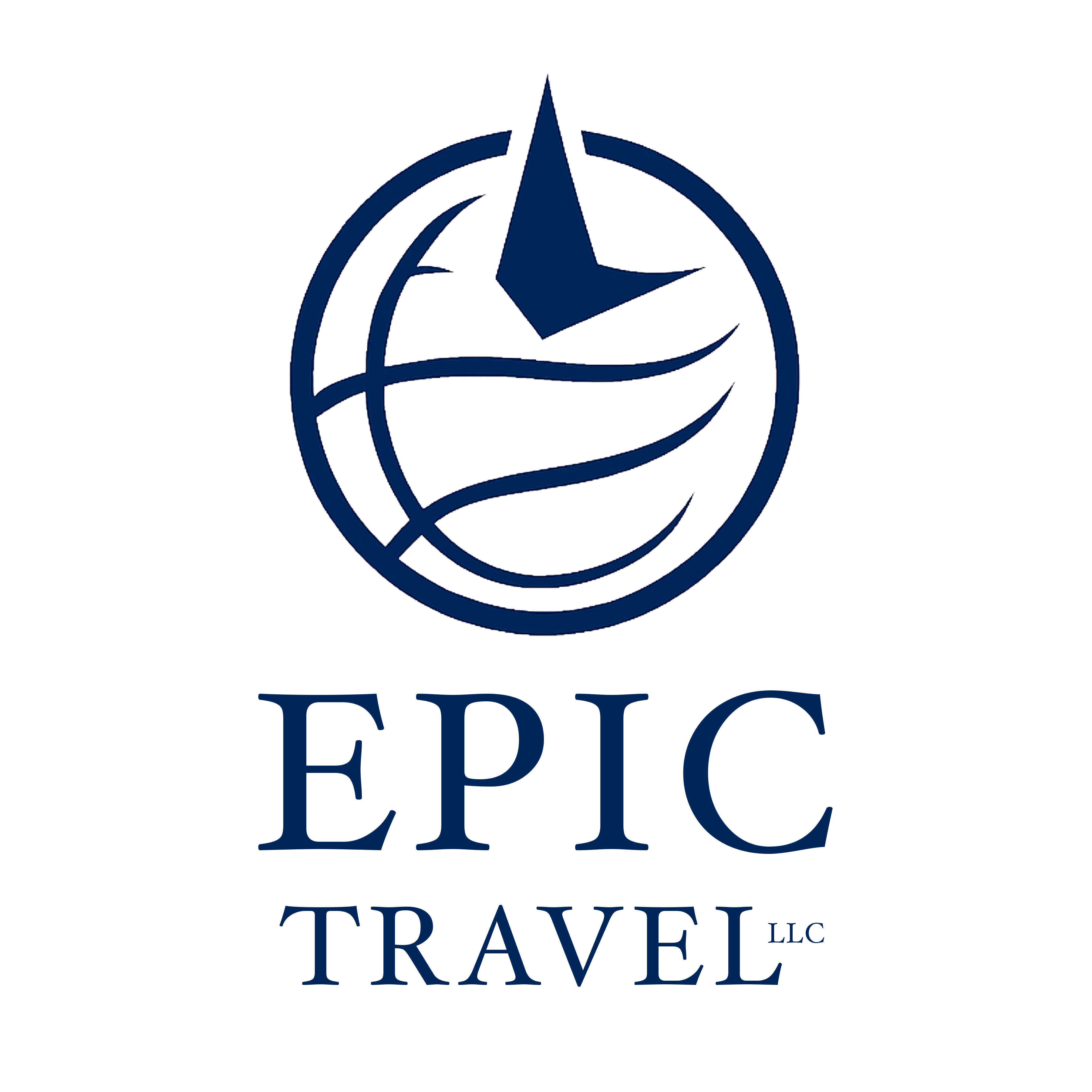 Dark blue logo for Epic Travel LLC featuring a stylized globe icon with a compass needle pointer.