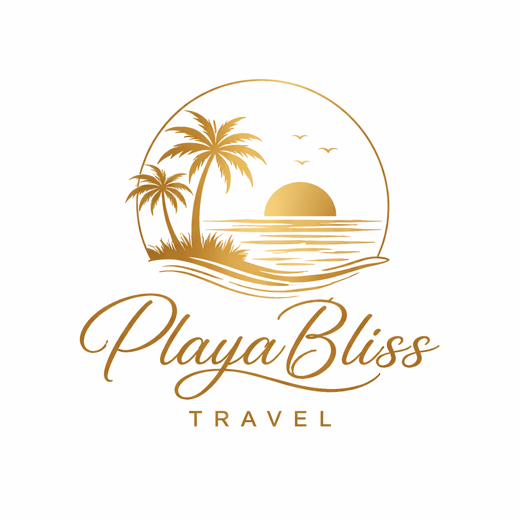 A golden logo for Playa Bliss Travel featuring palm trees, a sunset over the water, and elegant script text.