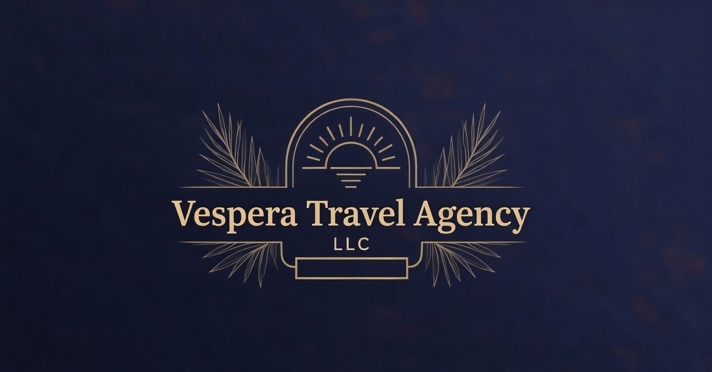 Gold logo on a dark blue background: "Vespera Travel Agency" with decorative sun and foliage elements.