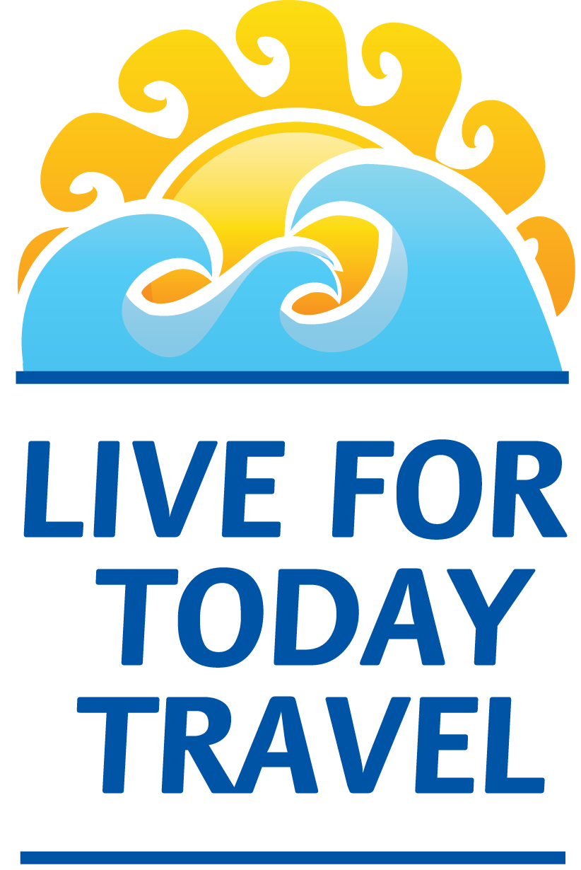 Live For Today Travel logo with blue wave and yellow sun graphic