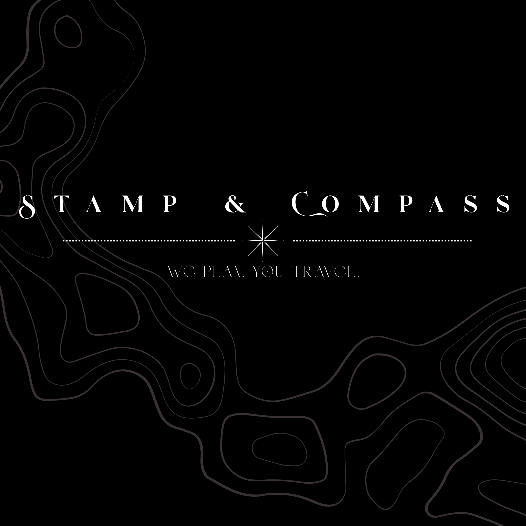 Black background with Stamp & Compass text, map contour lines, and "We plan, you travel" tagline.