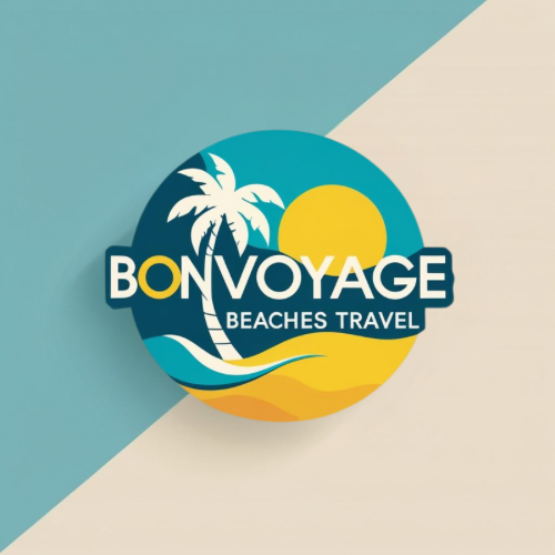 Logo for "Bonvoyage Beaches Travel" featuring a palm tree, sun, waves, and the words "Beaches Travel," in a circle.