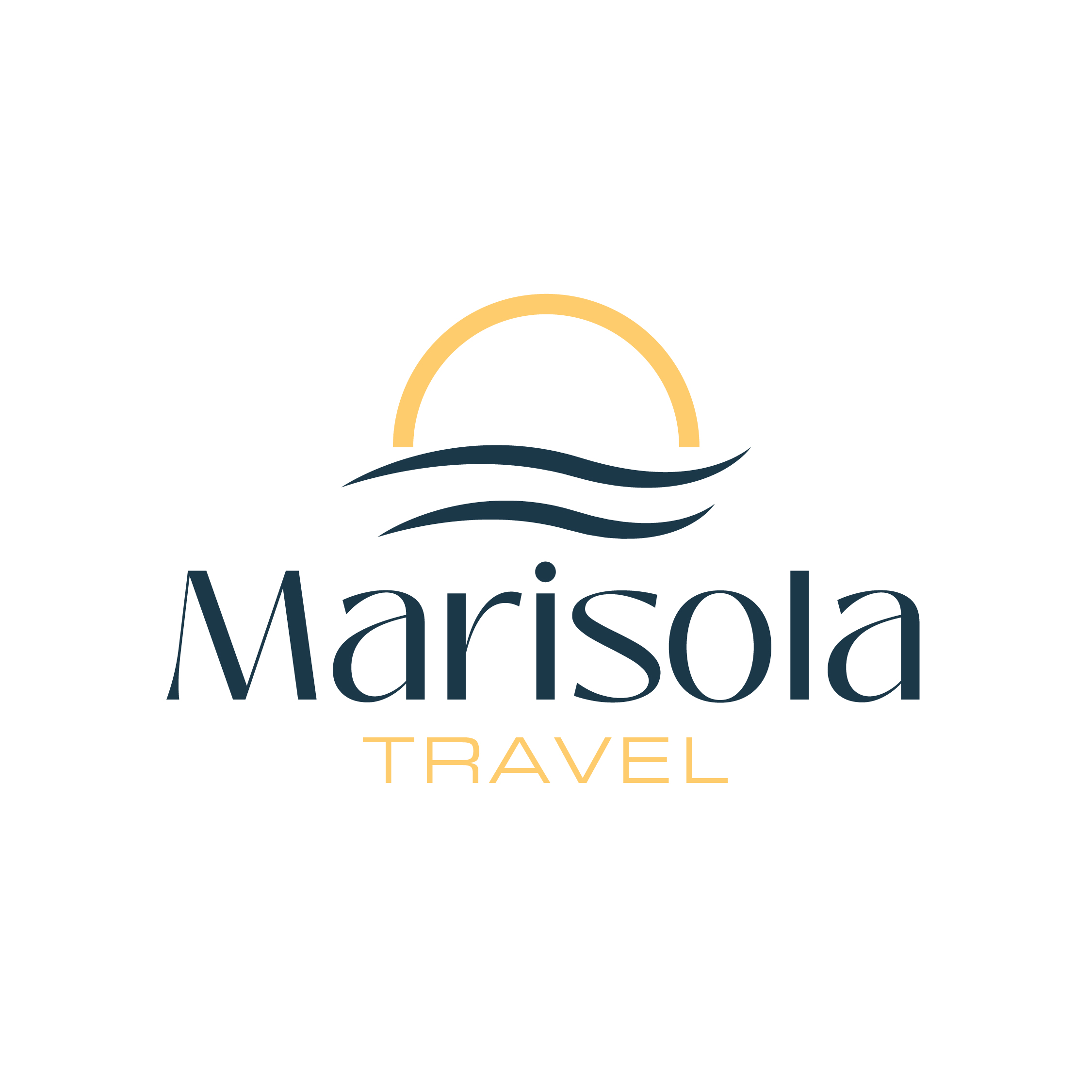 Marisola Travel logo: teal waves, a gold sun, and the company name in teal.