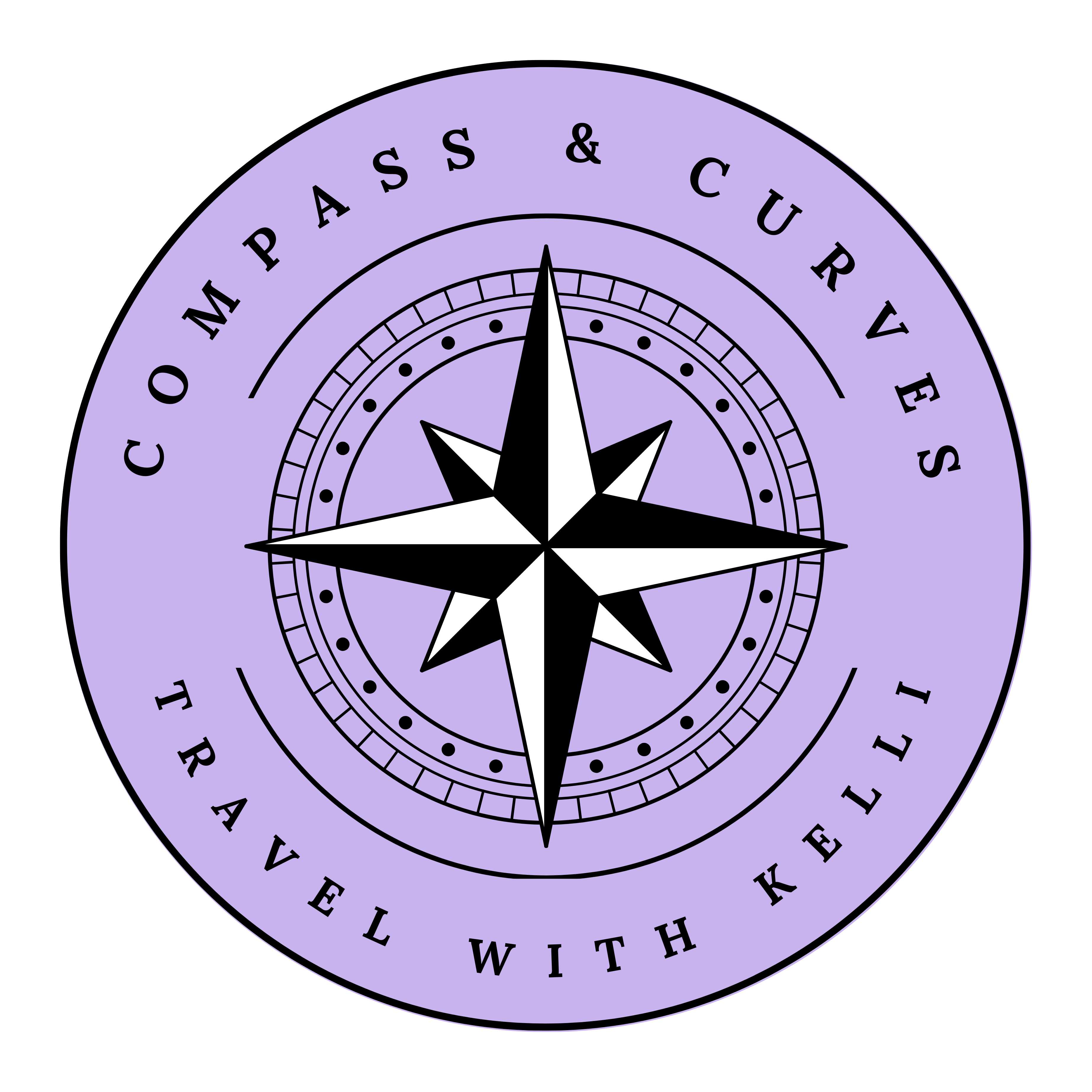 Compass logo with lavender circle, black-and-white star, and text “Compass & Curves Travel with Kelli”