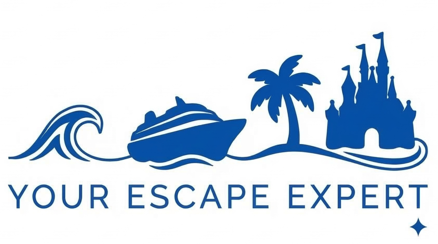Logo for Your Escape Expert showing blue icons of a wave, cruise ship, palm tree, and castle on a wavy horizon line.