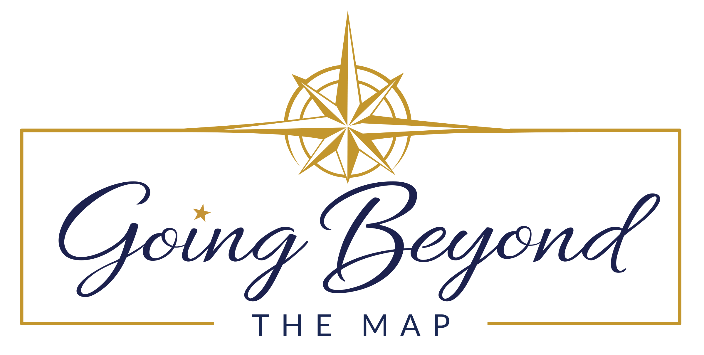 Logo featuring a gold compass rose above the text "Going Beyond THE MAP" in dark blue serif font inside a gold border.