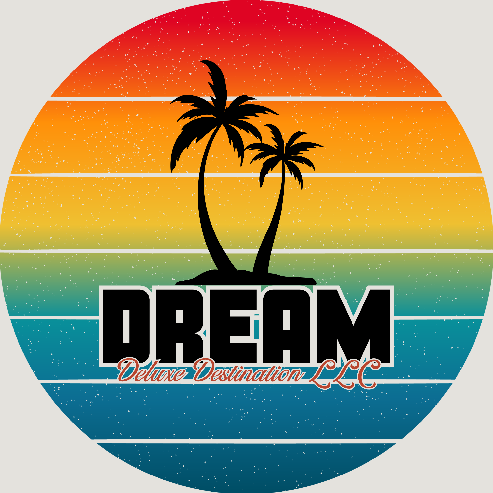 Retro sunset logo with palm trees over striped rainbow beach colors and the word &ldquo;DREAM&rdquo; for Dream Vacation LLC