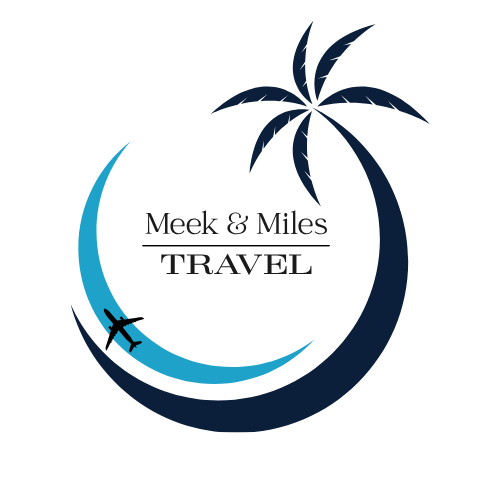 Logo: Crescent shape with palm tree and airplane, "Meek & Miles Travel" text. Navy, gold, black.
