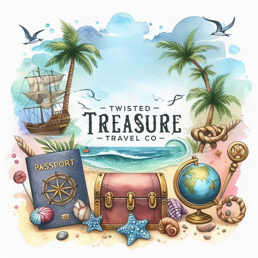 Travel logo with suitcase, passport, and beach-themed treasures around &ldquo;Twisted Treasure Travel Co.&rdquo;