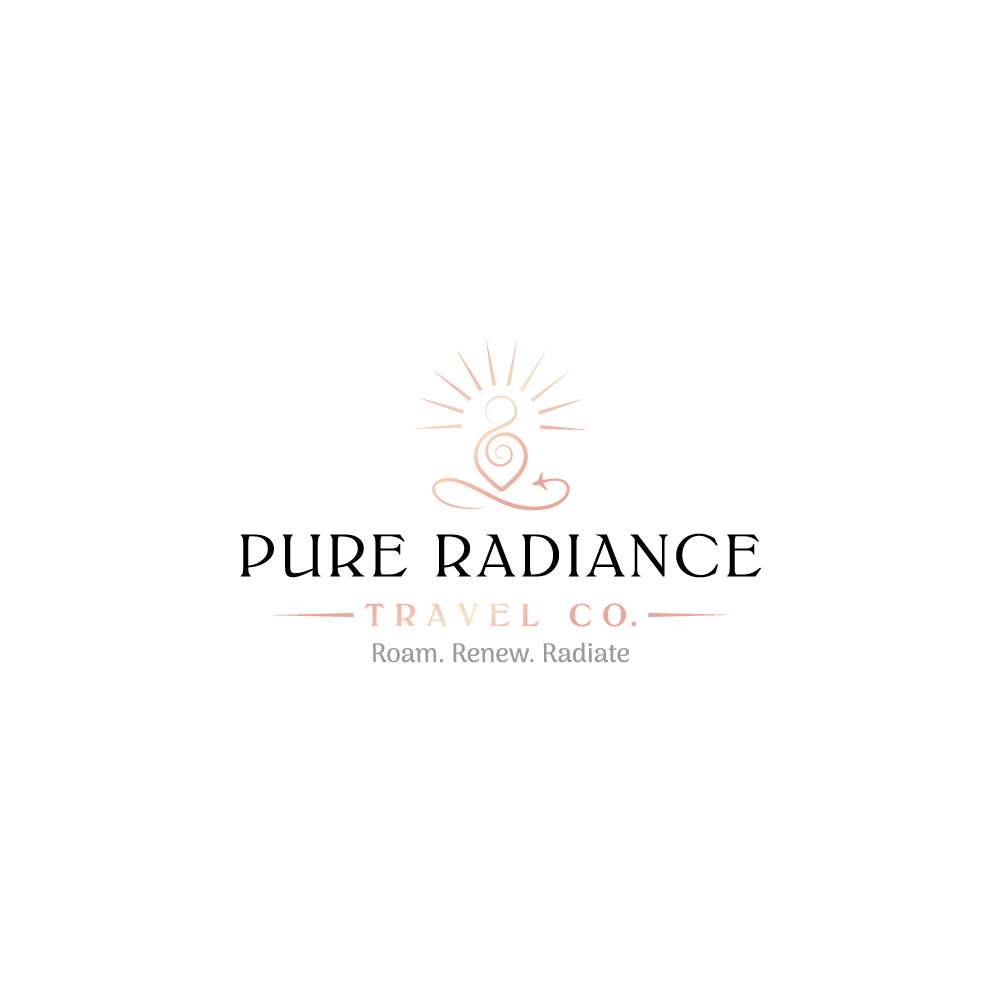 Pure Radiance Travel Co. logo with gold sunburst and heart line art, plus the tagline &ldquo;Roam. Renew. Radiate.&rdquo;