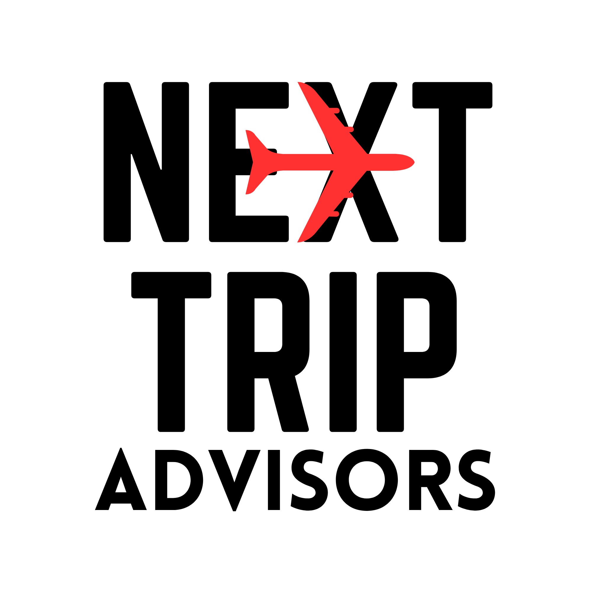 Next Trip Advisors logo with black text and a red airplane over the X