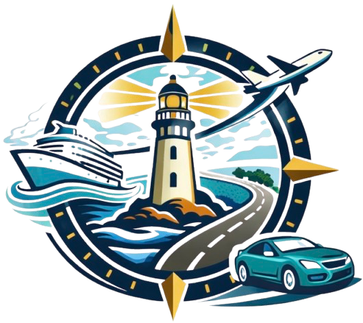 TravelEdge Travel logo: lighthouse, plane, cruise ship, car, and compass.