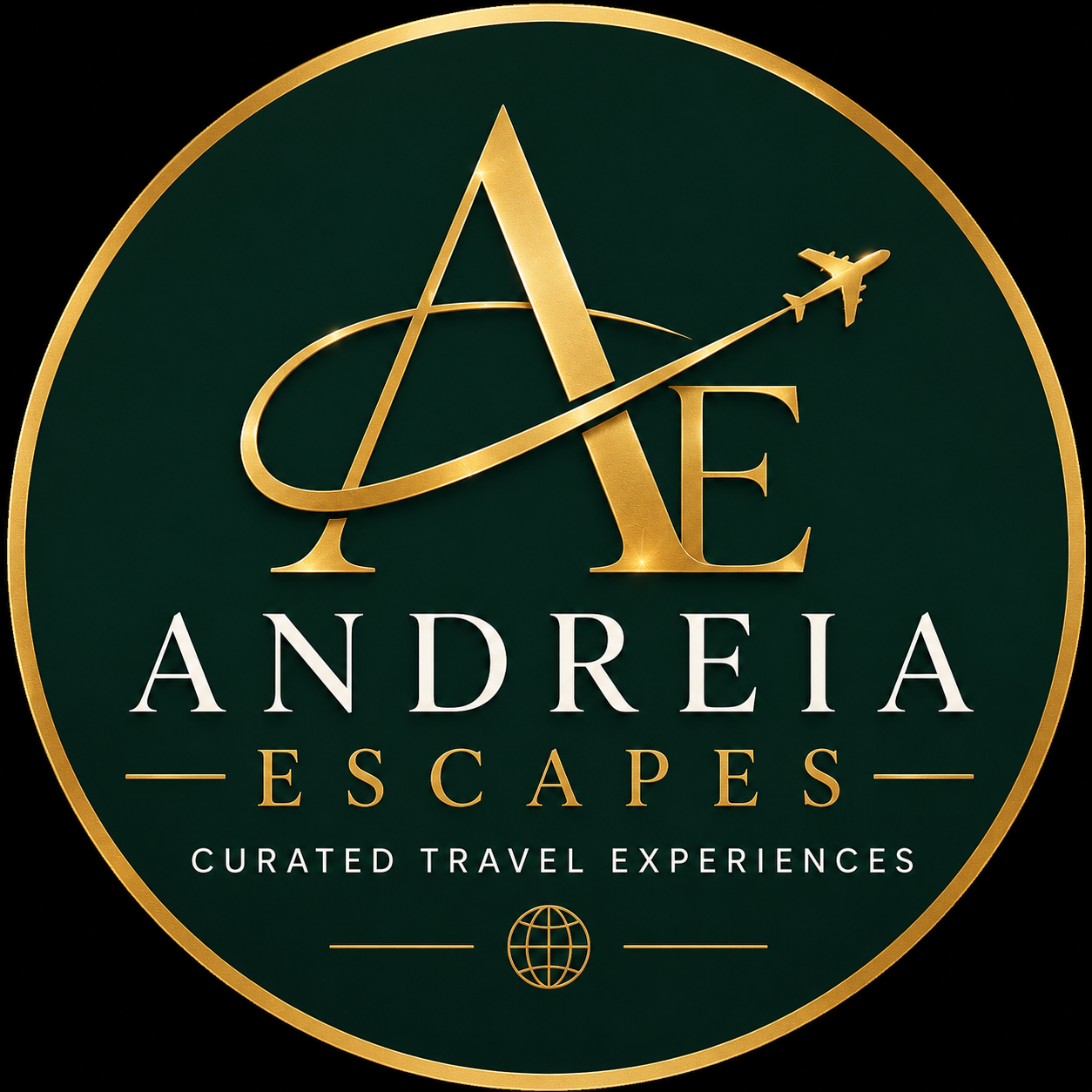 Gold Andreia Escapes travel logo on dark green circle with airplane and globe icons