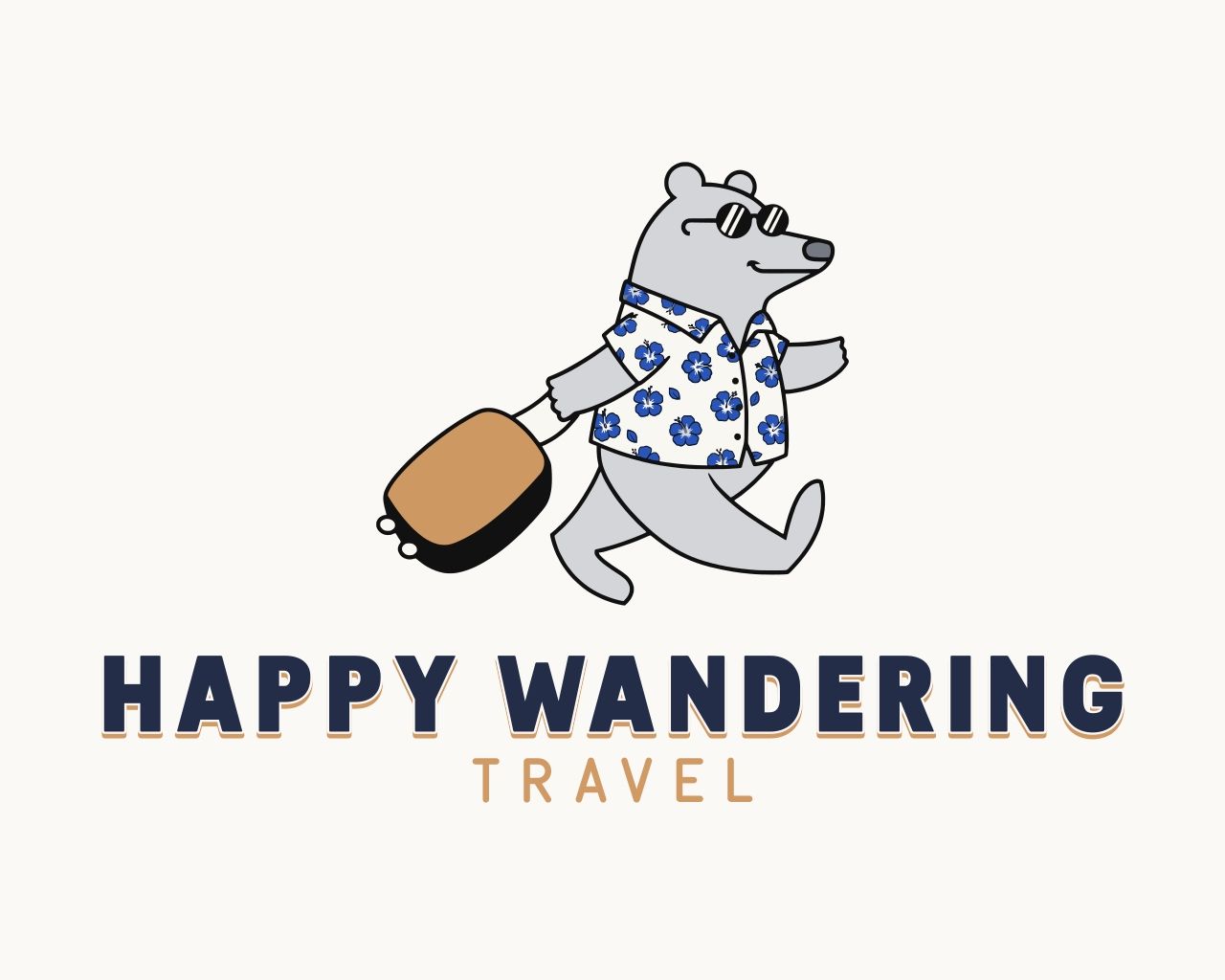 Cartoon bear wearing sunglasses and a floral shirt, carrying a brown suitcase with words: Happy Wandering Travel