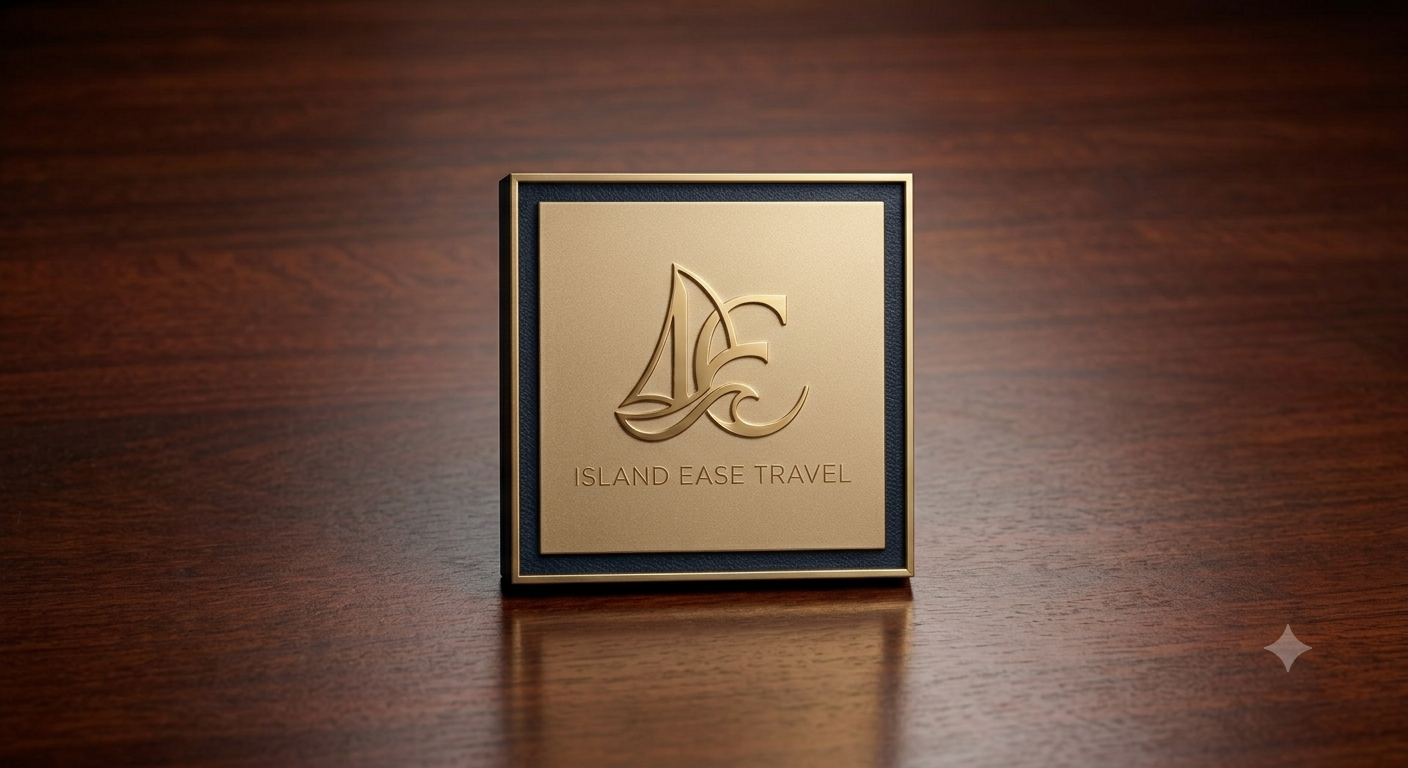 Gold engraved plaque on a dark wooden surface with a sailboat logo and text below.
