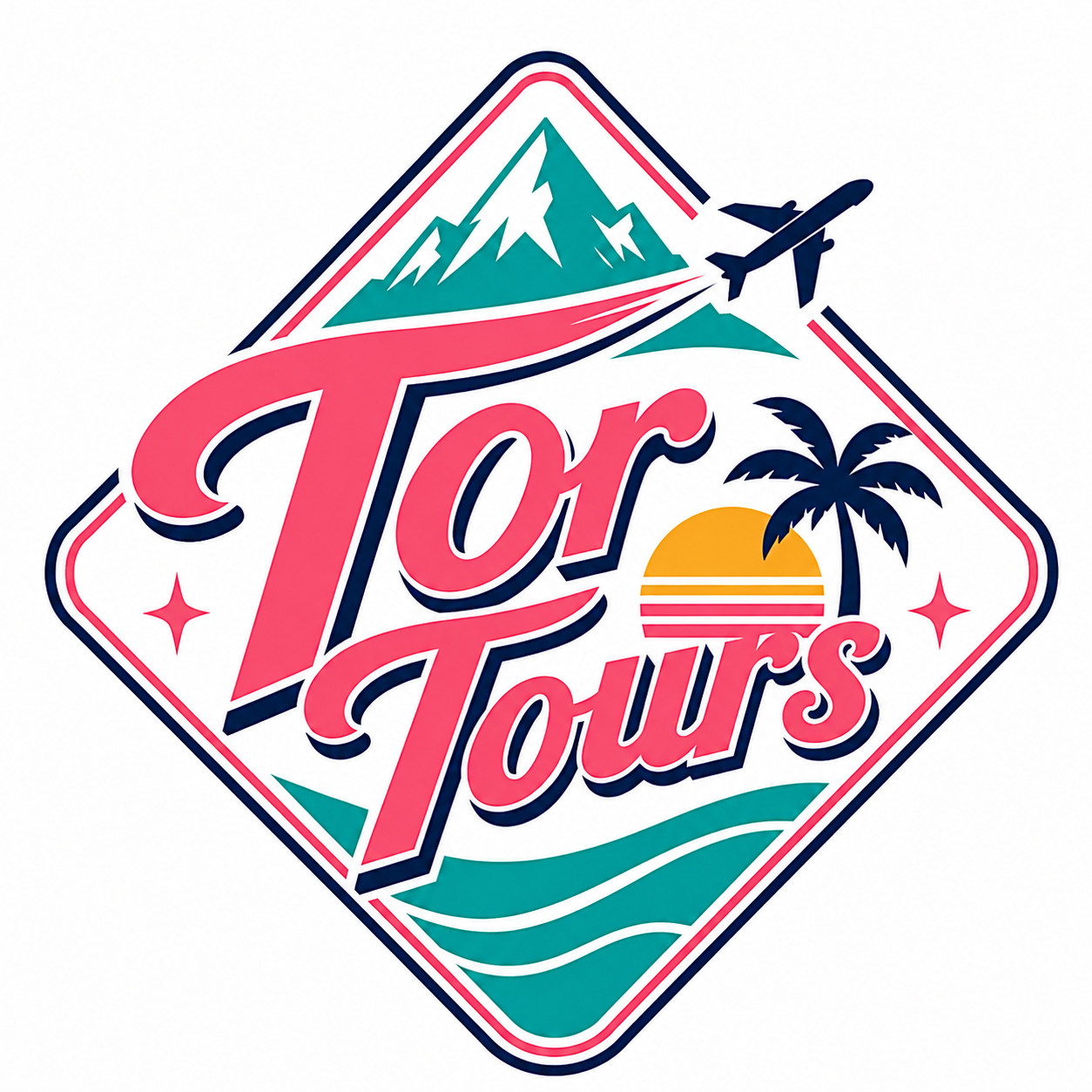 Tor Tours travel logo with mountain, airplane, palm tree, and waves in pink, teal, and white