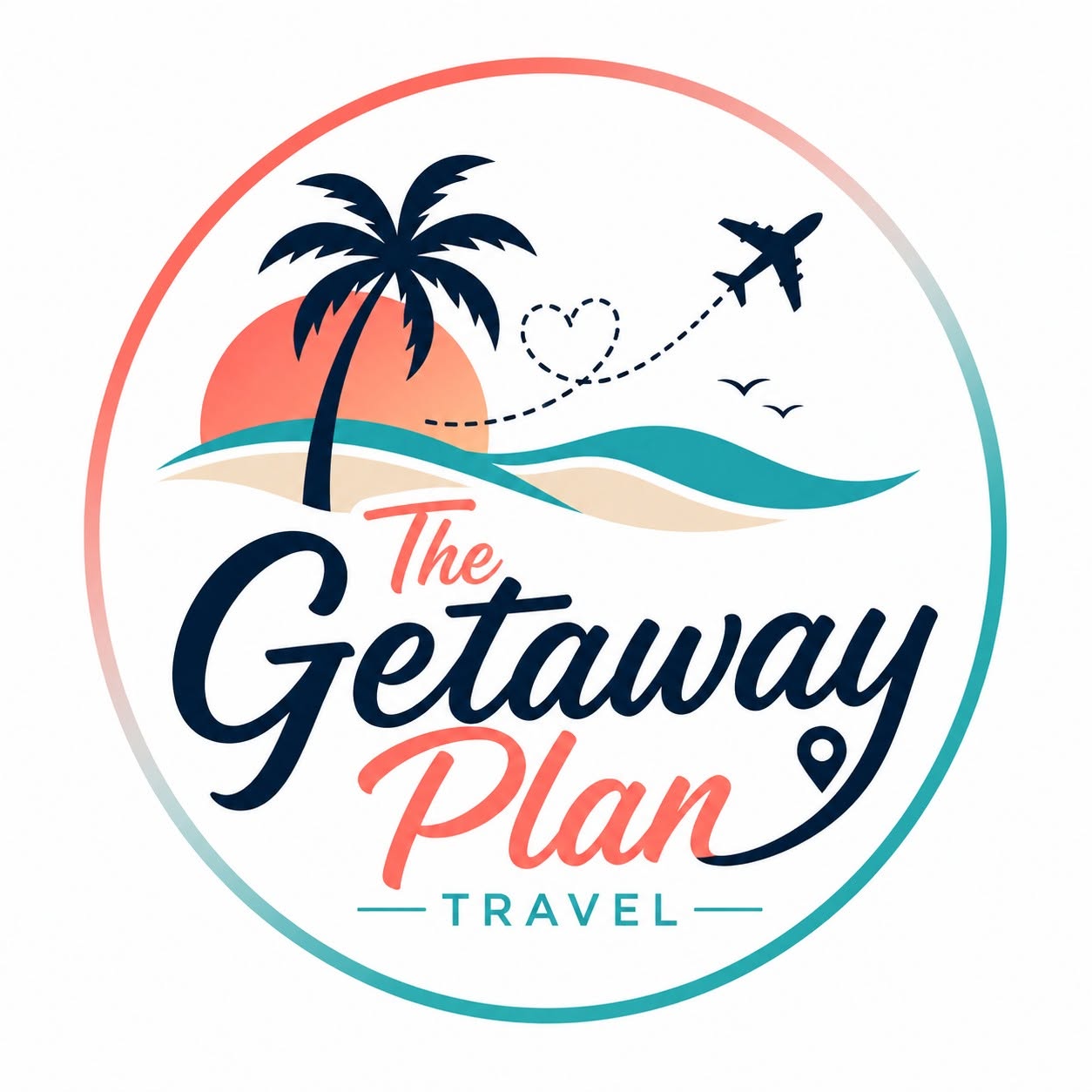 The Getaway Plan Travel logo with palm tree, airplane, sun, and ocean waves in teal and coral.